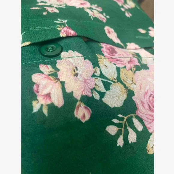 Green Button Down Shirt Long Sleeve Rose Floral Print Pink - Picture 10 of 11
